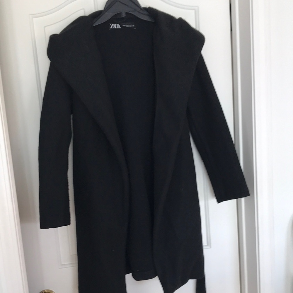 Zara Women's Used Black Hooded Sweater Black Coat with Belt XS